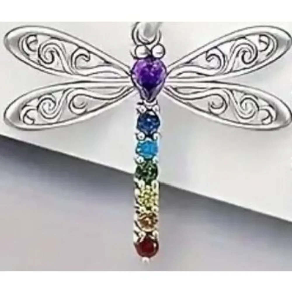 NWT Gorgeous Silver Dragonfly Necklace & Earrings Set with Colorful Rhinestones